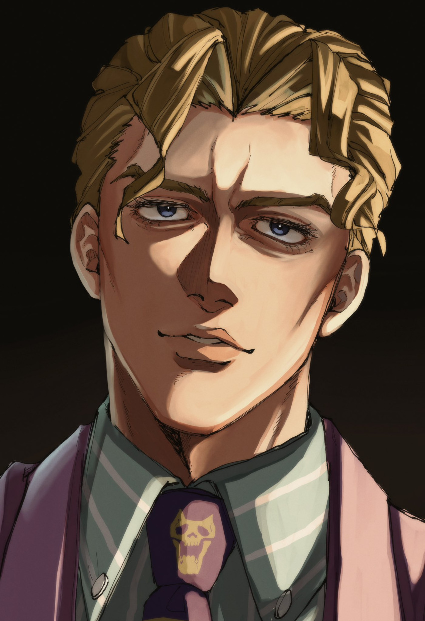 1boy blonde_hair blue_eyes diamond_wa_kudakenai highres jojo_no_kimyou_na_bouken kira_yoshikage male_focus multiple_boys necktie pinstripe_pattern pinstripe_shirt portrait purple_eyes shirt smirk solo striped sugikahunkiena suit