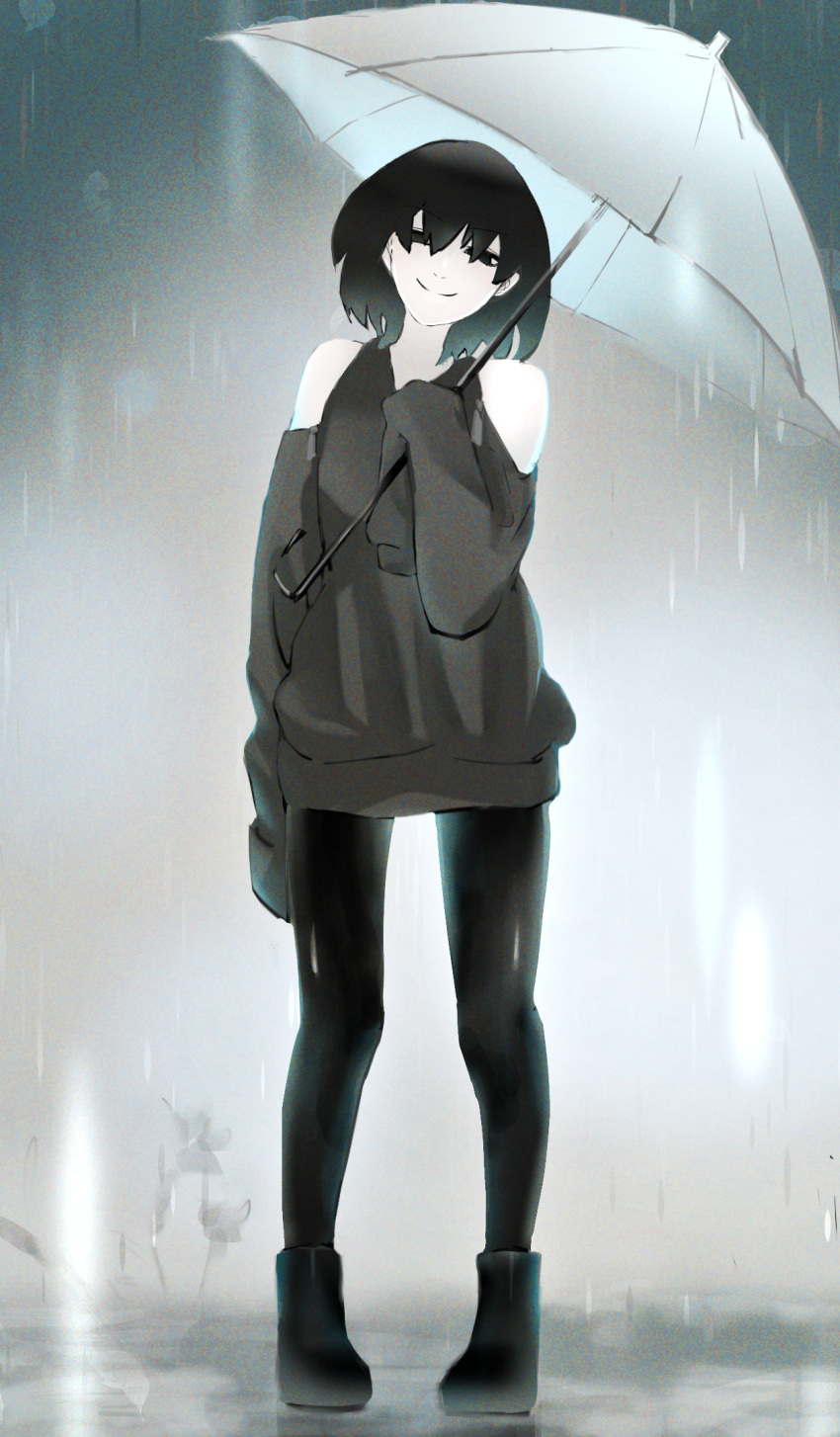 1girl bare_shoulders black_eyes black_footwear black_hair black_leggings black_shirt boots casual closed_mouth clothing_cutout commentary empty_eyes foliage full_body grey_background hair_over_eyes head_tilt highres holding holding_umbrella leggings long_shirt looking_at_viewer monogatari_(series) narrowed_eyes night nu_shika oshino_ougi outdoors oversized_clothes pigeon-toed rain shirt short_hair shoulder_cutout sleeves_past_fingers sleeves_past_wrists smile solo standing sweater umbrella very_long_sleeves white_umbrella