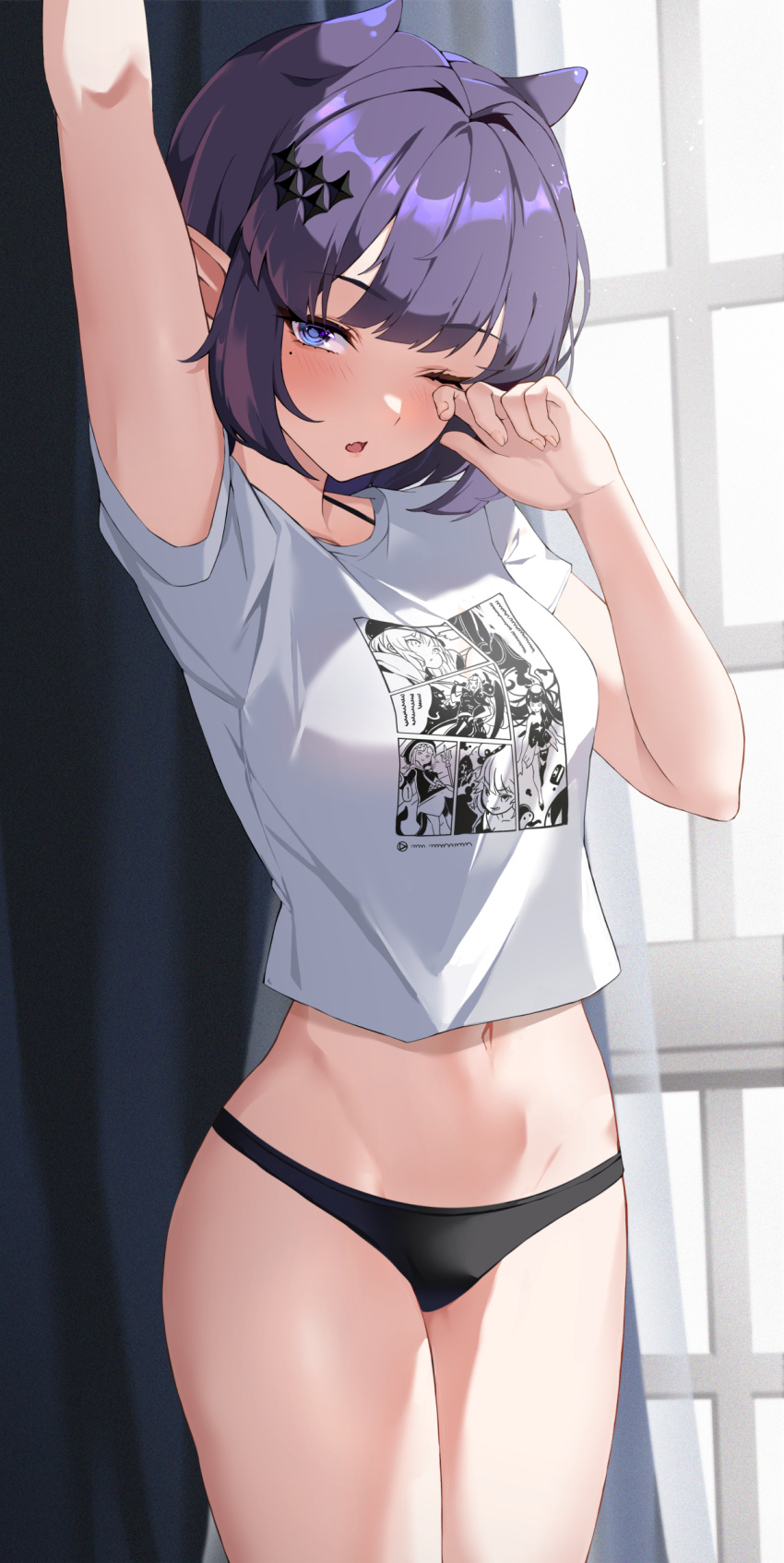 1girl ;o absurdres animal_ears arm_up black_panties blue_eyes blush breasts cowboy_shot extra_ears fang hand_up highres hololive hololive_english lessone light_particles mole mole_under_eye navel ninomae_ina'nis one_eye_closed open_mouth panties pointy_ears print_shirt rubbing_eyes shirt short_hair small_breasts stomach t-shirt thighs underwear virtual_youtuber window