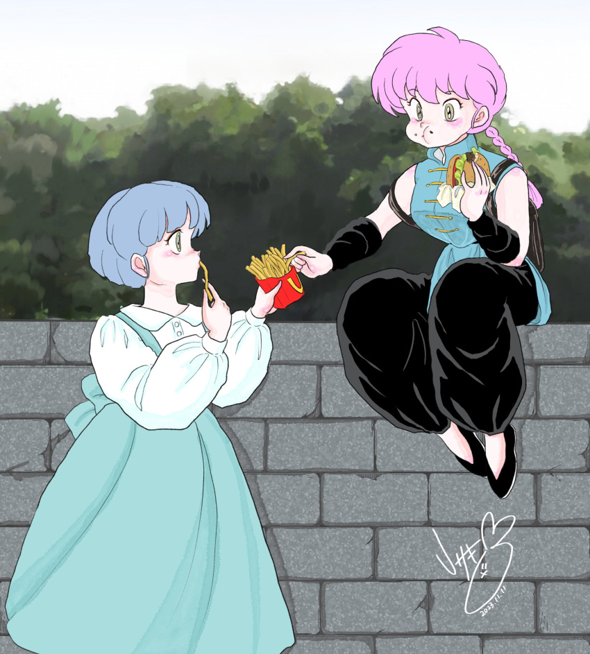 2girls black_footwear blue_hair blush breasts burger eating food french_fries fuurinkan_high_school_uniform highres multiple_girls ranma-chan ranma_1/2 red_hair school_uniform short_hair sitting takahashi_rumiko_(style) tendou_akane tree usaki_rumic wall