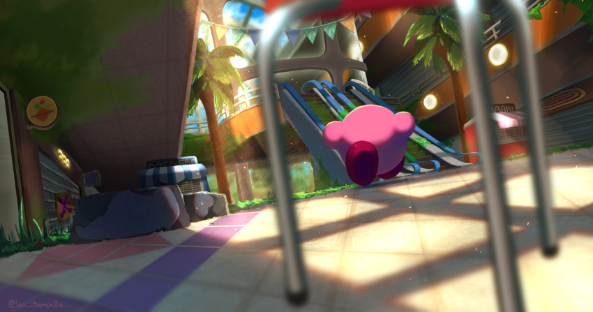 colored_skin escalator grass highres indoors kirby kirby_(series) kirby_and_the_forgotten_land leo_taranza moss no_humans palm_tree pink_skin solo string_of_flags tree twitter_username window