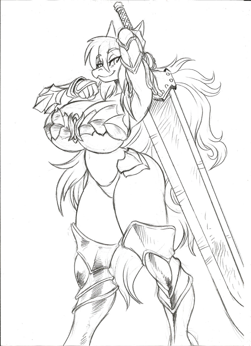 2022 absurd_res anthro armor big_breasts black_and_white breasts chochi cleavage clothed clothing female gauntlets gloves graphite_(artwork) greatsword greaves hair handwear hi_res huge_breasts long_hair looking_at_viewer monochrome pencil_(artwork) scalie skimpy_armor smile solo traditional_media_(artwork) unconvincing_armor under_boob