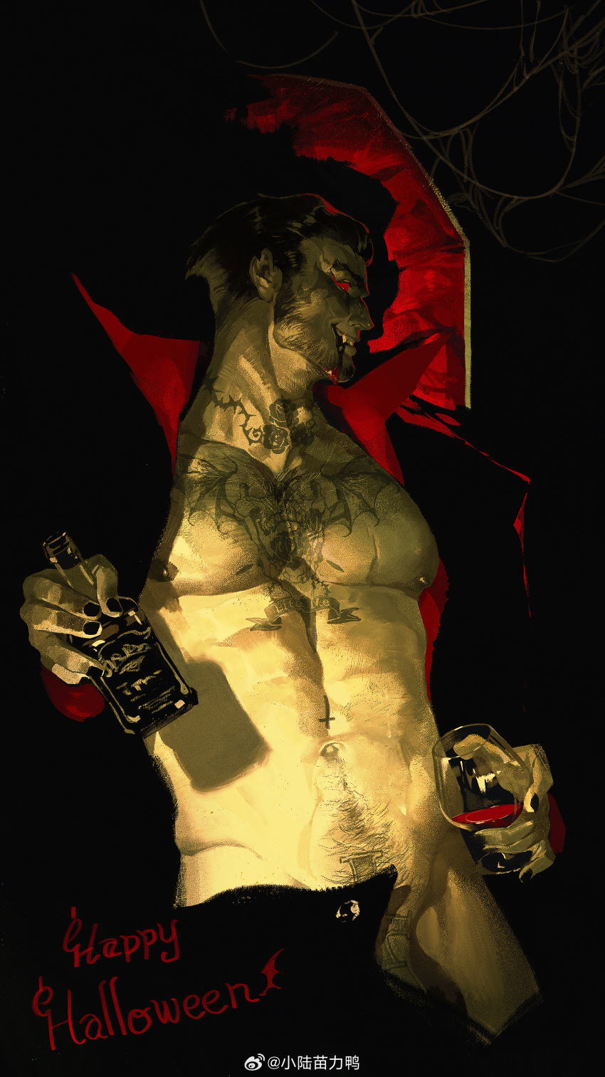 1boy abs absurdres bara bare_pectorals blood blood_from_mouth cowboy_shot cross_tattoo cup drinking_glass halloween happy_halloween highres large_pectorals long_sideburns male_focus mature_male muscular muscular_male navel navel_hair nipples open_pants original pants pectorals penis penis_peek pubic_tattoo short_hair sideburns solo stomach tattoo thick_eyebrows vampire wine_glass xiaolumiaoliya