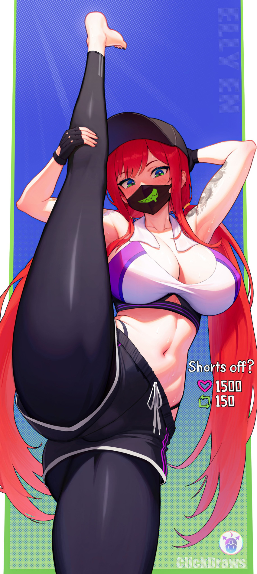 1girl absurdres arm_behind_head armpits arms_up ass ass_visible_through_thighs bare_arms bare_shoulders barefoot baseball_cap black_gloves black_headwear black_pants black_shorts blue_eyes breasts cleavage clickdraws clothing_cutout collarbone cowboy_shot crop_top dolphin_shorts drawstring elly_(vtuber) fingerless_gloves gloves green_eyes hat highleg highres indie_virtual_youtuber kneepits large_breasts leg_lift leg_up leggings lifted_by_self long_hair looking_at_viewer low_twintails mask midriff mouth_mask navel pants panty_straps red_hair shirt short_shorts shorts shoulder_tattoo sleeveless sleeveless_shirt solo split standing standing_on_one_leg standing_split stomach sweat tattoo thighs towel towel_around_neck twintails two-tone_shirt underboob_cutout very_long_hair virtual_youtuber white_shirt