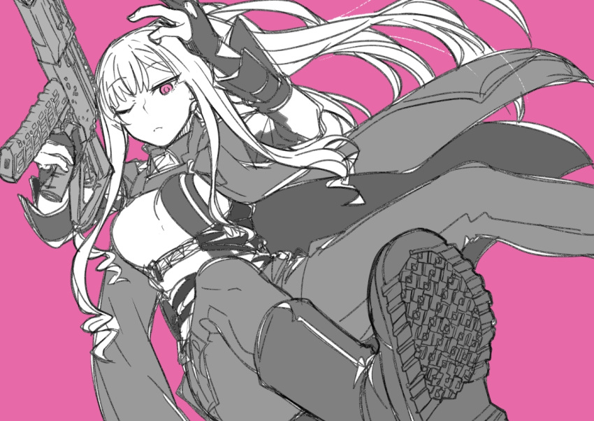 1girl ak-12 ak-12_(girls'_frontline) assault_rifle boots breasts fingerless_gloves girls'_frontline gloves greyscale_with_colored_background gun holding holding_gun holding_weapon jacket kalashnikov_rifle large_breasts long_hair monochrome nakiusagi one_eye_closed pants pink_background pink_eyes rifle shoe_soles simple_background solo spot_color weapon