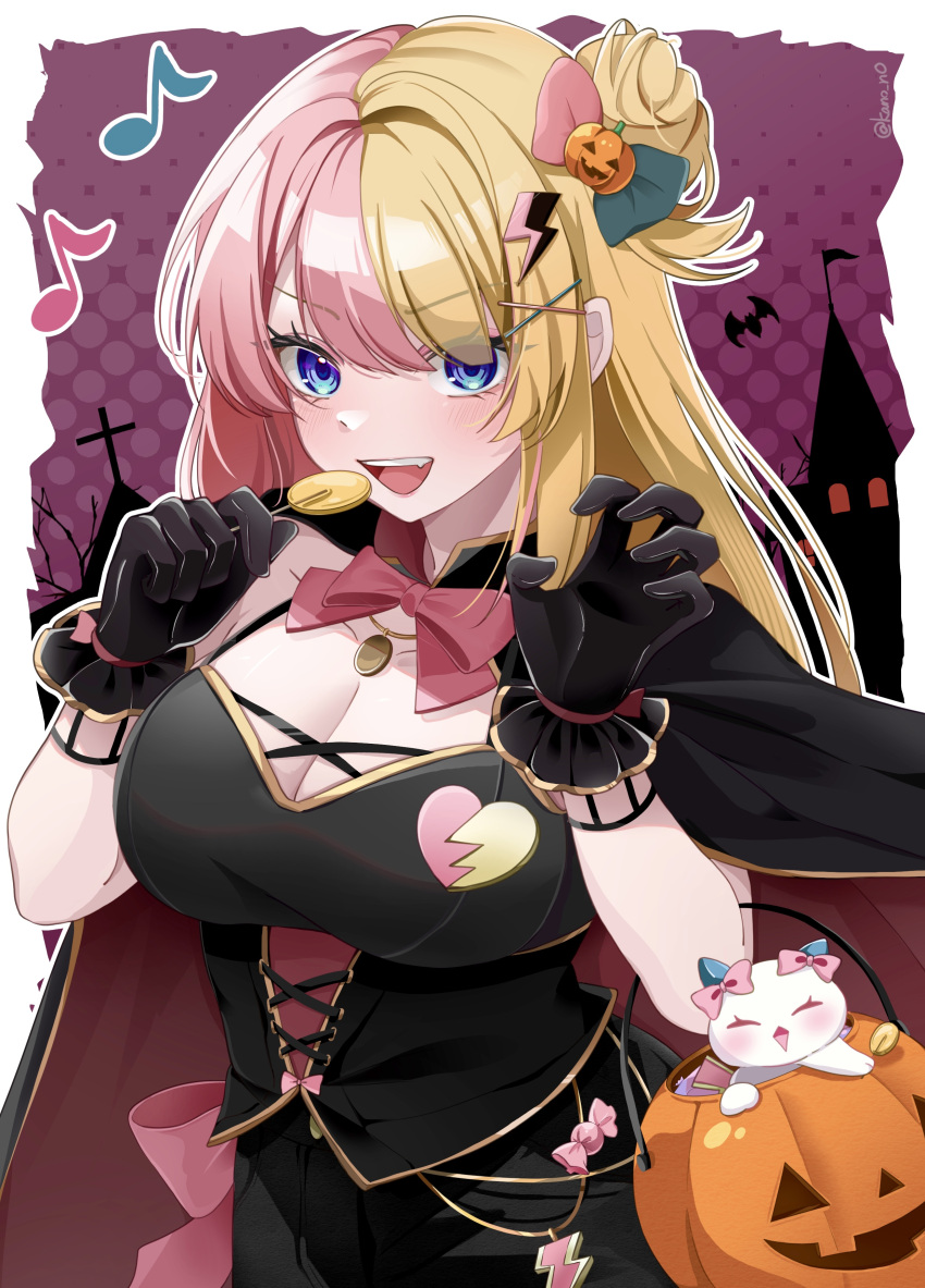 1girl absurdres black_cape black_dress black_gloves blonde_hair blue_eyes blush breasts candy cape cat cleavage dress food food-themed_hair_ornament gloves hair_bun hair_ornament hairclip halloween highres holding holding_candy holding_food jack-o'-lantern jack-o'-lantern_hair_ornament kano3 kotoka_torahime large_breasts long_hair looking_at_viewer multicolored_hair nijisanji nijisanji_en pink_hair pumpkin pumpkin_hair_ornament smile solo two-tone_hair virtual_youtuber