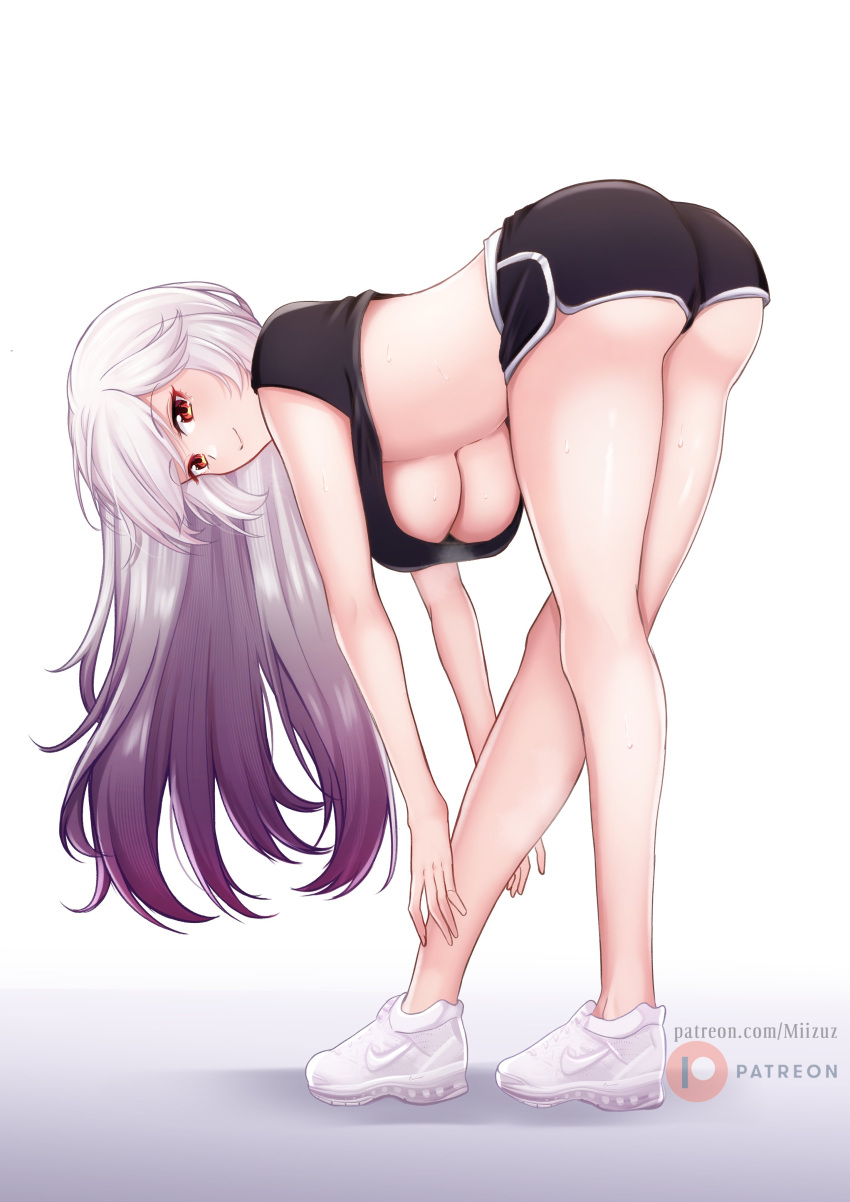 1girl absurdres ass ataririri bare_arms bare_legs bent_over black_shirt black_shorts breasts closed_mouth crop_top crop_top_overhang dolphin_shorts from_behind gradient_hair highres indie_virtual_youtuber large_breasts legs long_hair looking_at_viewer looking_back midriff mizuz multicolored_hair nike no_bra red_eyes shirt shoes short_shorts short_sleeves shorts simple_background smile sneakers solo thighs underboob very_long_hair virtual_youtuber white_background white_footwear white_hair