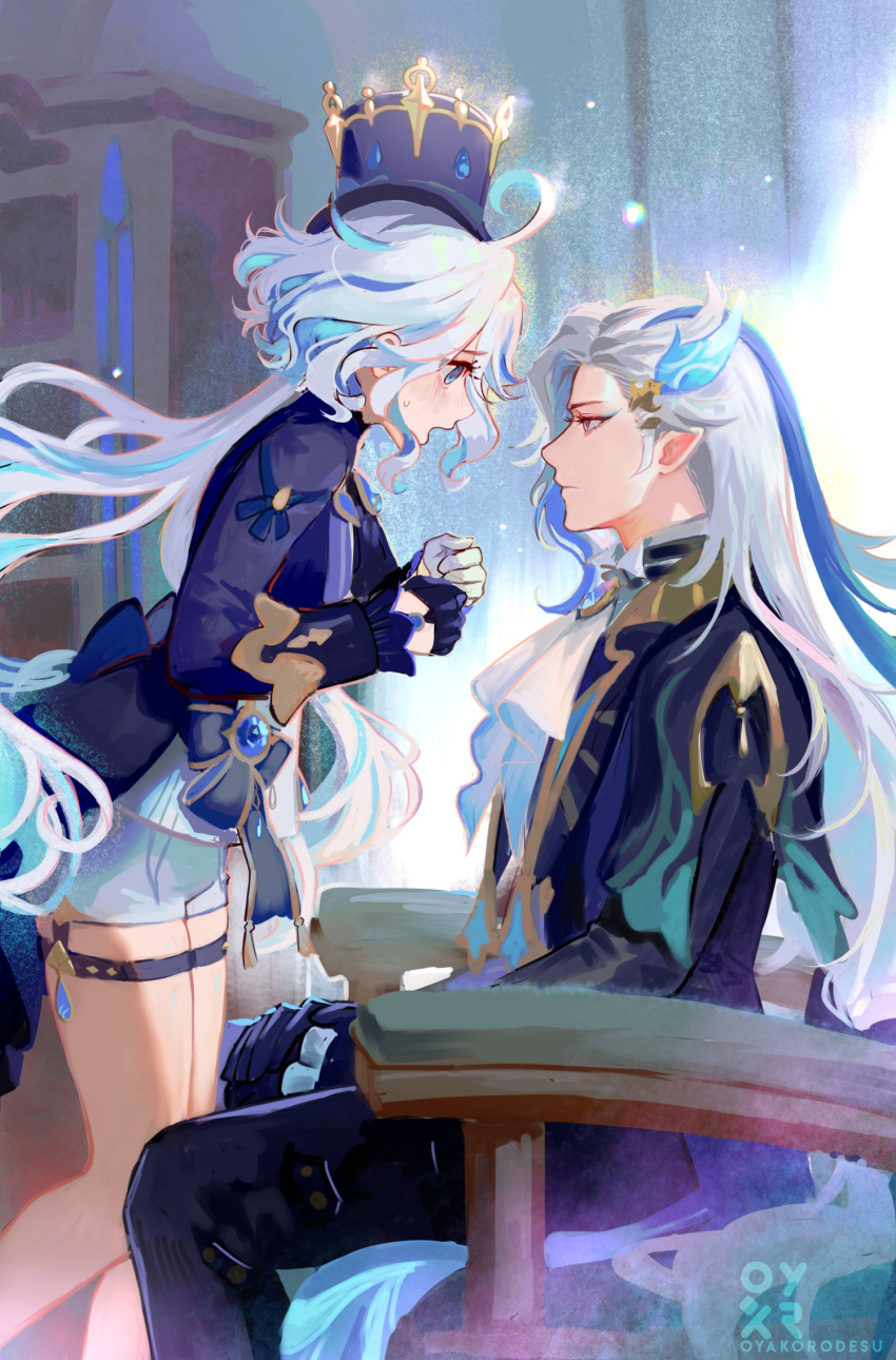 1boy 1girl ahoge ascot black_ascot black_gloves blue_eyes blue_hair blue_headwear blue_jacket closed_mouth expressionless furina_(genshin_impact) genshin_impact gloves hair_between_eyes hat highres jacket light_blue_hair long_hair long_sleeves multicolored_hair neuvillette_(genshin_impact) oyakorodesu pointy_ears solo streaked_hair top_hat white_gloves white_hair