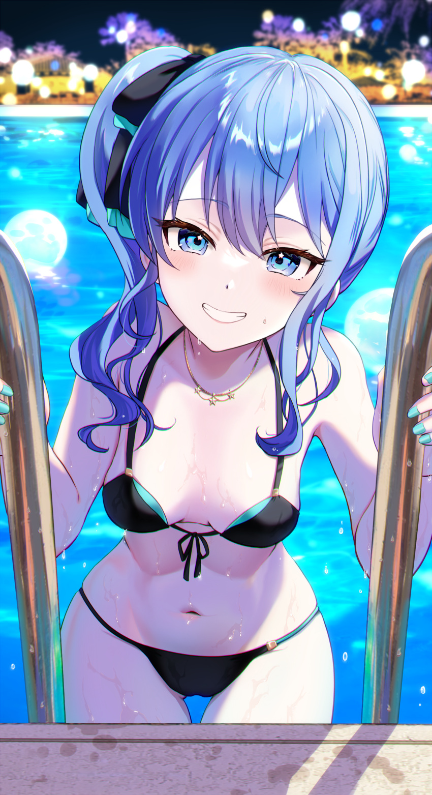 1girl absurdres bikini black_bikini blue_eyes blue_hair breasts collarbone grin highres hololive hoshimachi_suisei kudoukudokudo long_hair looking_at_viewer navel night night_sky pool pool_ladder side_ponytail sky small_breasts smile solo stomach swimsuit teeth virtual_youtuber water wet