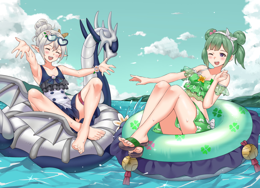 2girls absurdres alternate_costume bikini clover commission commissioner_upload fire_emblem fire_emblem_fates floral_print flower green_bikini green_hair grey_one-piece_swimsuit hair_bun highres igni_tion innertube kana_(female)_(fire_emblem) kana_(fire_emblem) midori_(fire_emblem) multiple_girls non-web_source one-piece_swimsuit short_twintails sky sunglasses swimsuit twintails water white_hair