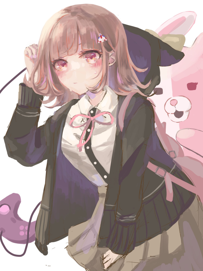 1girl backpack bag black_shirt blush breasts brown_hair brown_skirt closed_mouth controller danganronpa_(series) danganronpa_2:_goodbye_despair dress_shirt galaga game_controller hair_ornament hand_up highres hood hooded_jacket jacket large_breasts leaning_forward mai_ume medium_hair monomi_(danganronpa) nanami_chiaki pink_bag pleated_skirt red_eyes shirt skirt solo sweat two-tone_shirt white_shirt