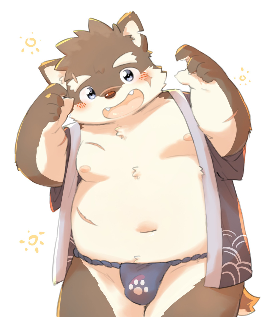 absurd_res anthro asian_clothing belly blush brown_body brown_fur bulge canid canine canis clothing domestic_dog east_asian_clothing eyebrows fundoshi fur hi_res japanese_clothing kemono lifewonders male mammal moobs moritaka navel nipples slightly_chubby solo thick_eyebrows tokyo_afterschool_summoners underwear zbbbboto