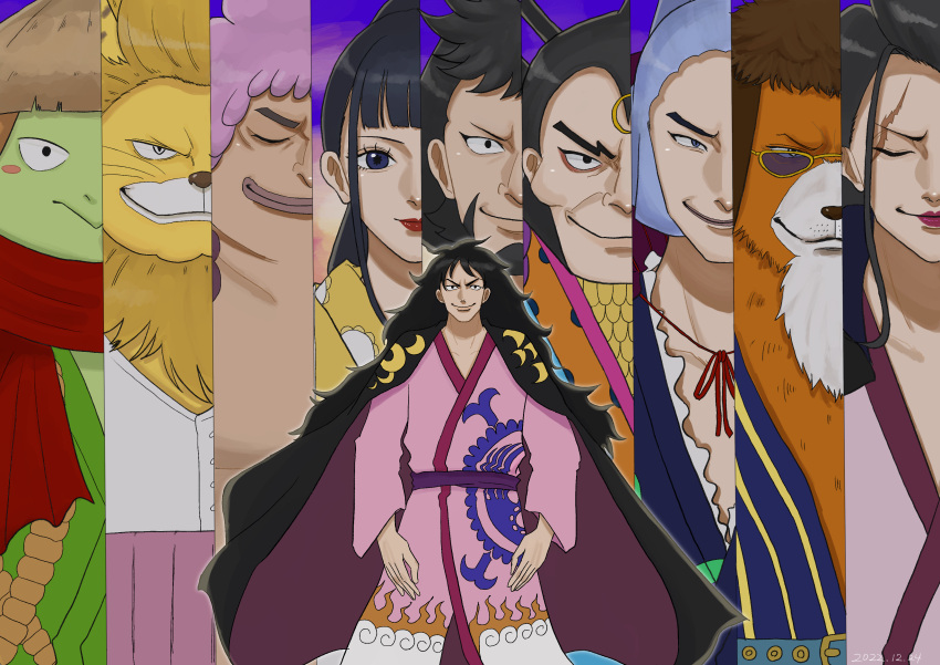 absurdres ashura_doji black_hair blue_hair closed_mouth denjirou_(one_piece) eyewear_on_head highres inuarashi_(one_piece) izou_(one_piece) kawamatsu kikunojo_(one_piece) kinemon long_hair male_focus medium_hair momonosuke_(one_piece) nekomamushi obentoubakochan one_piece orange_hair pink_hair raizo_(one_piece) scar scar_across_eye short_hair smile sunglasses