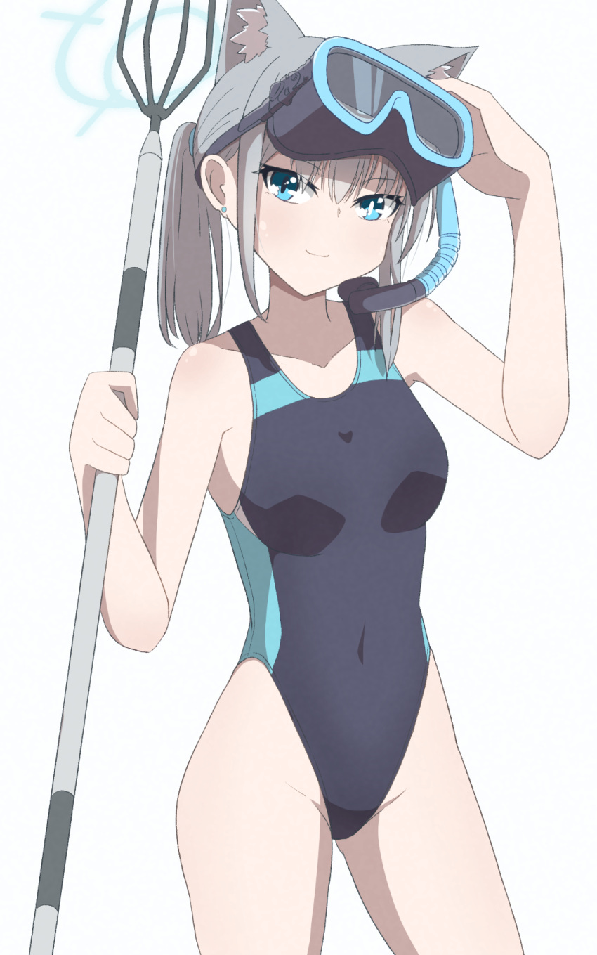 1girl animal_ear_fluff animal_ears black_one-piece_swimsuit blue_archive blue_eyes breasts commentary_request competition_swimsuit covered_navel cowboy_shot cross_hair_ornament diving_mask diving_mask_on_head extra_ears goggles goggles_on_head grey_hair hair_ornament halo harpoon highres kusha_(madoukusya12) low_ponytail medium_hair mismatched_pupils multicolored_clothes multicolored_swimsuit official_alternate_costume one-piece_swimsuit shiroko_(blue_archive) shiroko_(swimsuit)_(blue_archive) simple_background small_breasts solo swimsuit white_background wolf_ears
