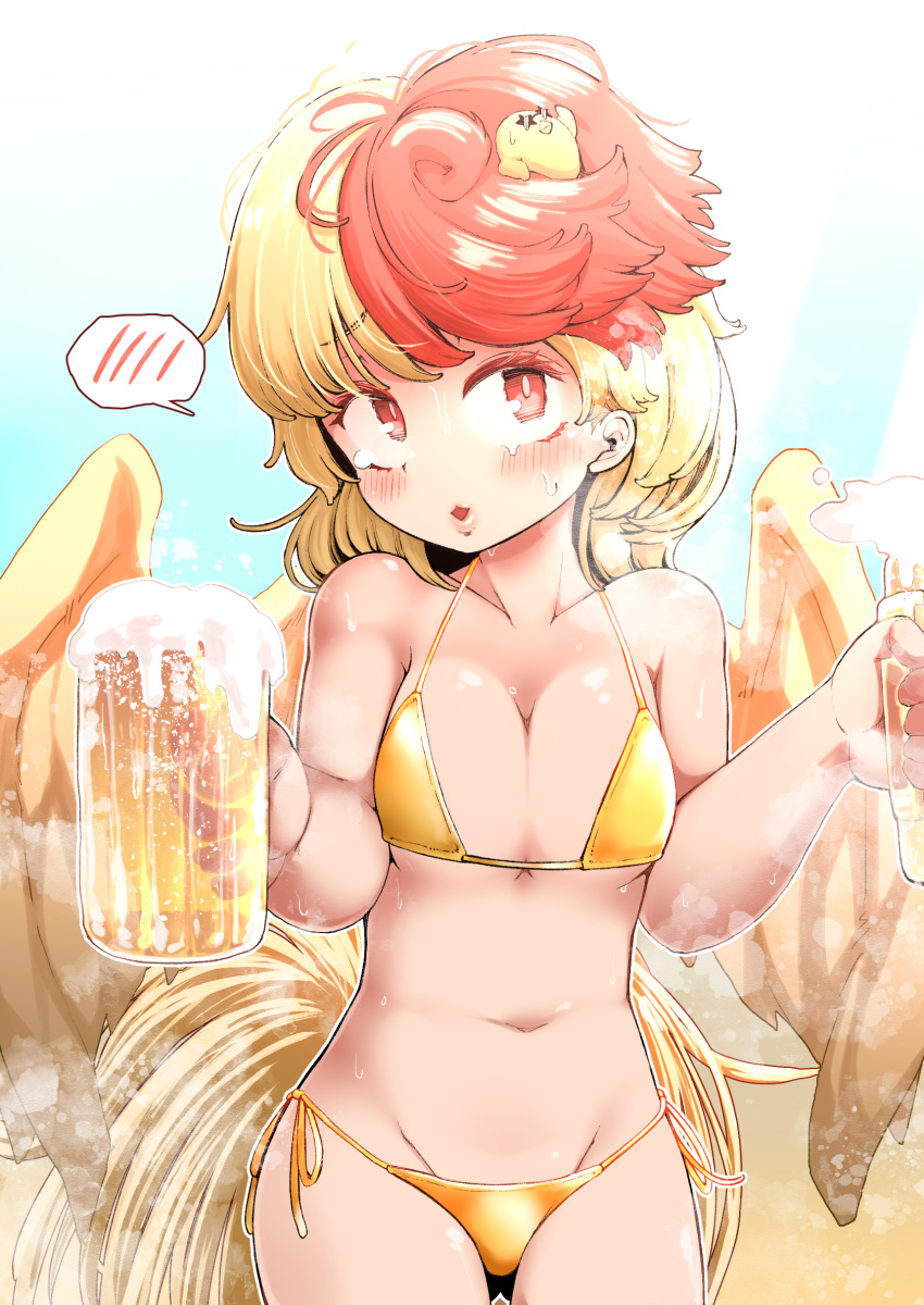 1girl absurdres alcohol alternate_costume animal_on_head beer beer_mug bikini bird bird_on_head bird_tail bird_wings blonde_hair blush breasts breasts_squeezed_together chick commentary_request cup gold_bikini groin highres looking_at_viewer medium_bangs medium_breasts medium_hair mug multicolored_hair navel niwatari_kutaka on_head open_mouth red_eyes red_hair shika_miso solo spoken_blush star-shaped_eyewear sunglasses sweat swimsuit tail touhou two-tone_hair upper_body wings yellow_wings