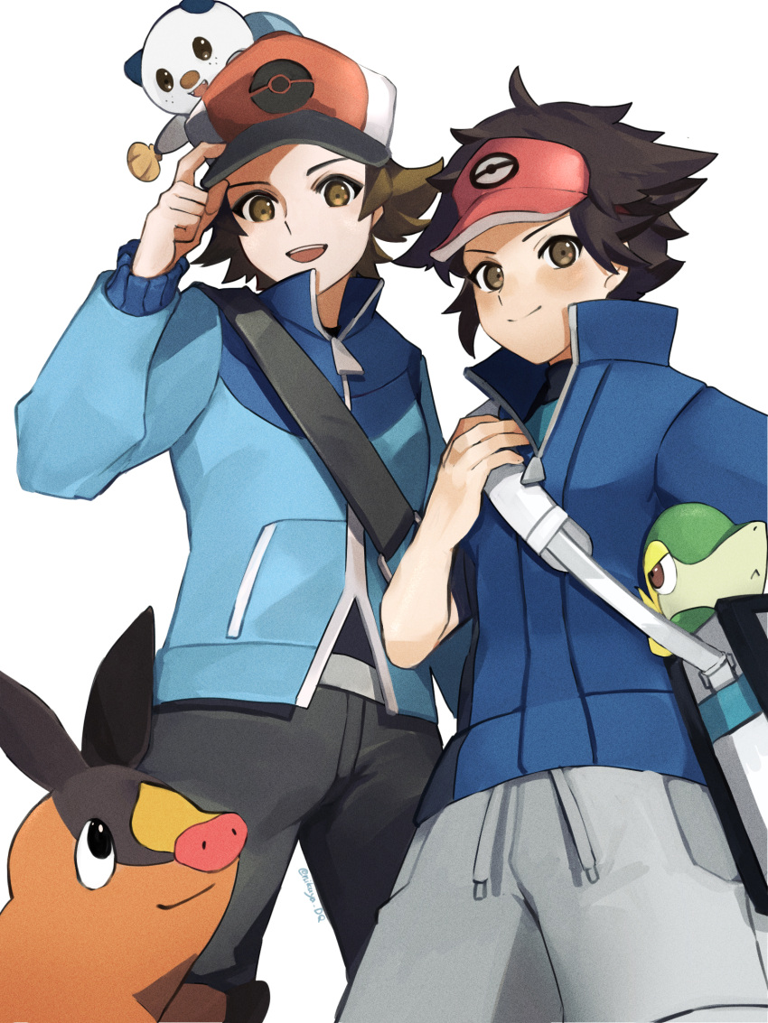 2boys adjusting_clothes adjusting_headwear ahoge bag baseball_cap black_bag black_hair black_headwear black_shorts blue_jacket blue_shirt blush brown_eyes brown_hair closed_mouth cowboy_shot grey_shorts hand_on_headwear hand_up hat high_collar highres hilbert_(pokemon) jacket long_sleeves looking_at_viewer looking_down male_focus multicolored_clothes multicolored_headwear multiple_boys nate_(pokemon) open_mouth oshawott poke_ball_print pokemon pokemon_(game) pokemon_bw pokemon_bw2 print_headwear red_headwear seinikuten shirt short_sleeves shorts shoulder_bag simple_background smile snivy starter_pokemon_trio teeth tepig twitter_username upper_teeth_only visor_cap white_background white_bag white_headwear