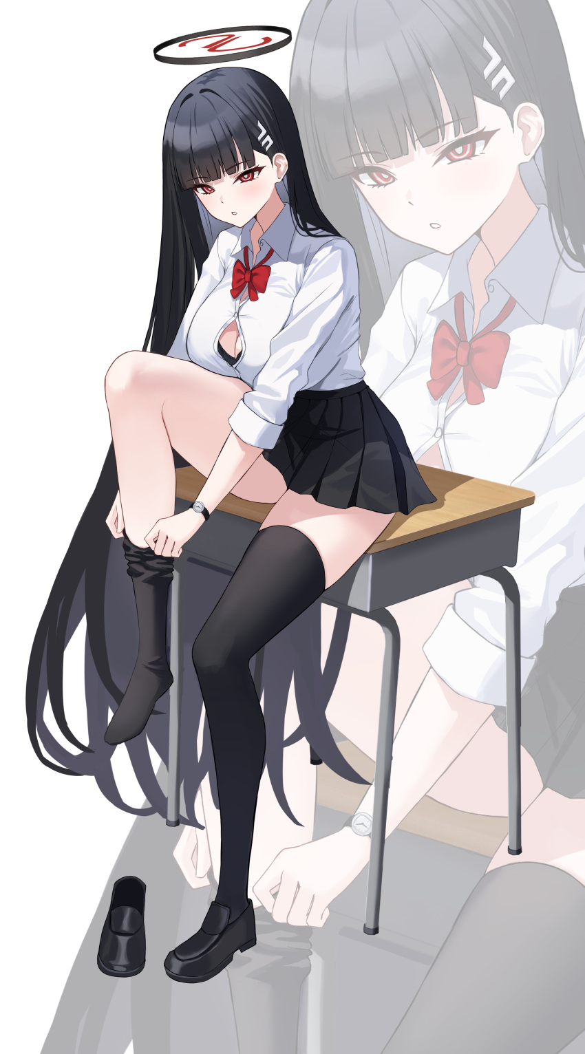 1girl absurdres black_footwear black_hair black_skirt black_thighhighs blue_archive blush bow bowtie breasts cleavage desk hair_ornament halo highres large_breasts long_hair looking_at_viewer miniskirt on_desk open_mouth rahy red_bow red_bowtie red_eyes removing_legwear rio_(blue_archive) school_desk school_uniform shirt shoes single_shoe sitting sitting_on_desk skirt thighhighs watch white_shirt wristwatch