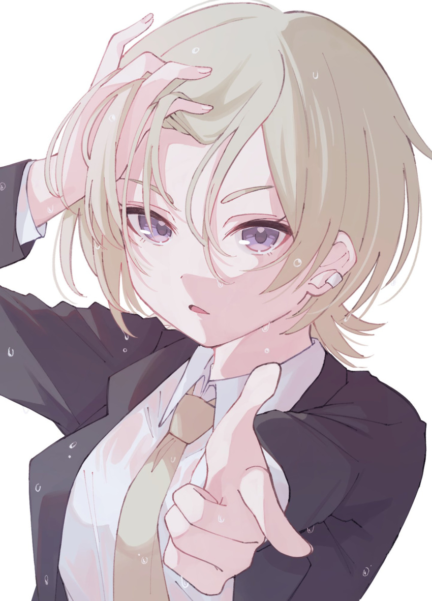 1girl adjusting_hair black_suit blonde_hair collared_shirt highres jacket long_sleeves looking_at_viewer love_live! love_live!_nijigasaki_high_school_idol_club mia_taylor necktie notyu_maru parted_lips pointing pointing_at_viewer purple_eyes shirt short_hair solo suit upper_body white_shirt yellow_necktie