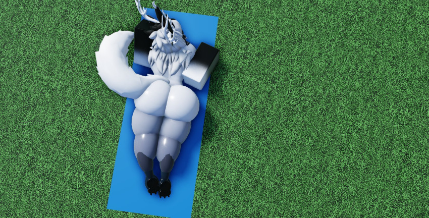 2023 2_horns 3d_(artwork) 4_ears anthro big_butt bird's-eye_view black_body black_claws black_ears black_fur black_hair black_toe_claws blue_towel butt canid canine canis claws deer digital_media_(artwork) female fur grass grey_body grey_fur hair hi_res high-angle_view horn hybrid lying mammal multi_ear multicolored_body multicolored_fur multicolored_hair nude on_front on_towel outside plant roblox solo tail thick_thighs toe_claws towel two_tone_hair white_body white_fur white_hair white_horn white_tail willie_piv wolf
