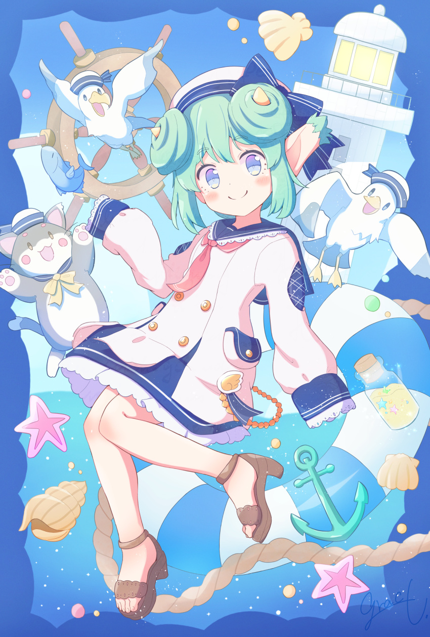 1girl absurdres anchor bird blue_eyes cat dot_nose double_bun fish hair_bun hat highres jazz_grace lidelle_(puyopuyo) lighthouse long_sleeves neckerchief pocket pointy_ears puyopuyo puyopuyo_fever red_neckerchief sailor sailor_collar sailor_hat seagull seashell shell sleeves_past_fingers sleeves_past_wrists smile solo split_mouth steering_wheel yellow_horns