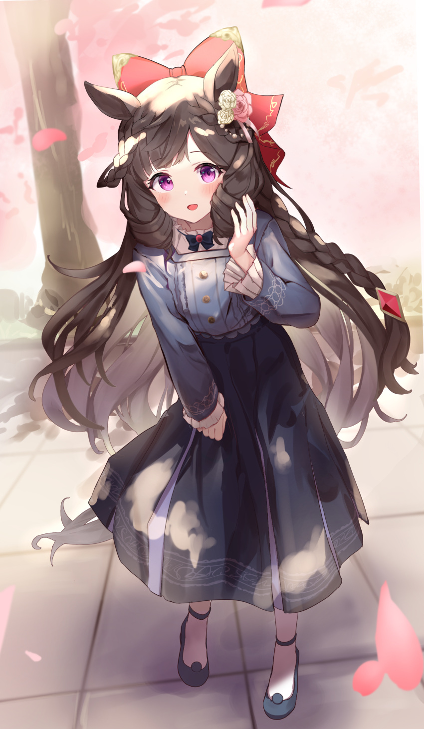absurdres animal_ears black_dress black_footwear blurry blurry_background blush bow braid brown_hair cherry_blossoms commentary daiichi_ruby_(umamusume) dress flower full_body hair_bow hair_flower hair_ornament hand_on_own_cheek hand_on_own_face hand_up highres holding holding_clothes holding_skirt horse_ears horse_girl horse_tail long_hair long_sleeves looking_at_viewer open_mouth outdoors parted_bangs pink_flower pink_rose purple_eyes red_bow rose side_braid sidelocks skirt tail tree umamusume very_long_hair white_flower white_rose yamada_auto