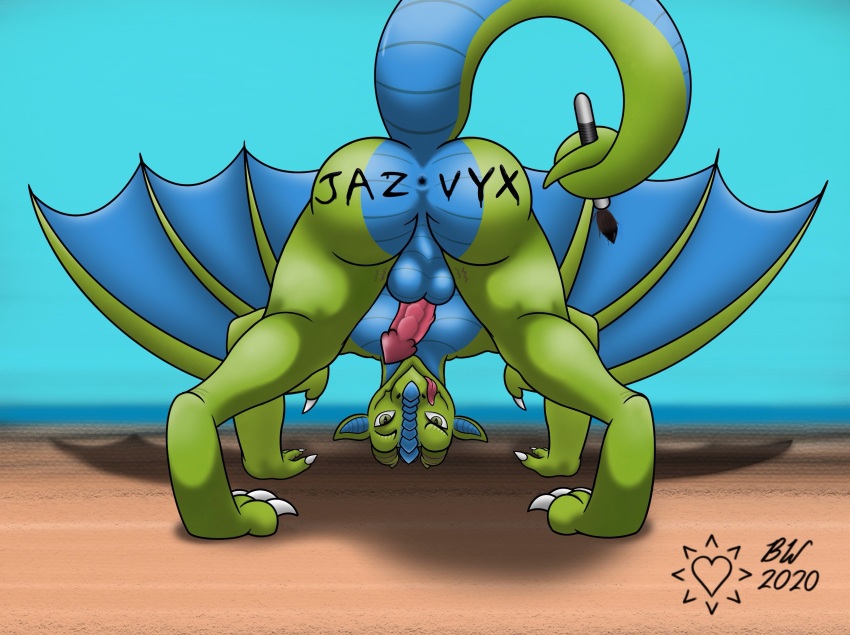 anthro anus ass_up balls bodypaint butt dragon genitals hi_res jazovyx jazovyx_(character) looking_at_viewer male penis presenting presenting_hindquarters solo teasing_viewer tongue tongue_out