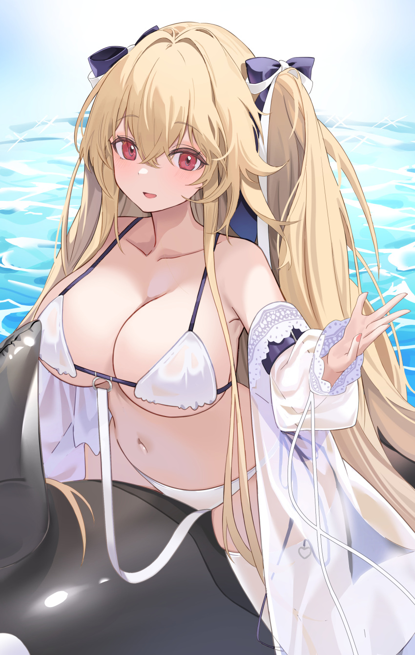 1girl absurdres anchorage_(azur_lane) anchorage_(dolphins_and_swim_lessons)_(azur_lane) azur_lane bare_shoulders bikini blush breasts hair_between_eyes hair_ribbon highres inflatable_orca inflatable_toy jacket large_breasts light_brown_hair long_hair looking_at_viewer official_alternate_costume open_mouth outdoors ribbon see-through see-through_jacket see-through_sleeves soar_sora222 swimsuit thighhighs thighs twintails very_long_hair white_bikini white_thighhighs