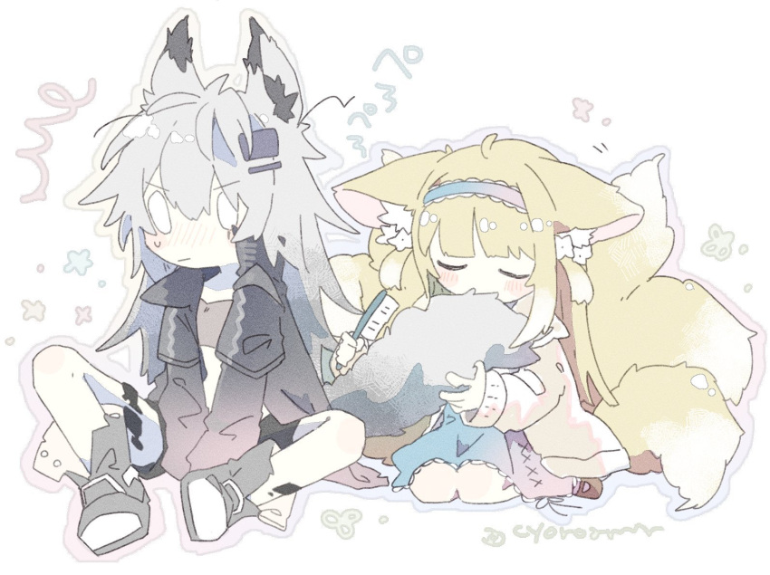 0_0 2girls animal_ear_fluff animal_ears arknights between_legs black_footwear black_jacket blue_hairband blue_skirt blush boots brown_footwear brown_jacket closed_eyes closed_mouth commentary_request fox_ears fox_girl fox_tail grey_hair hair_between_eyes hair_brush hairband hand_between_legs holding holding_brush jacket kitsune lappland_(arknights) long_hair long_sleeves multiple_girls naguru_(cyoroama) nose_blush open_clothes open_jacket puffy_long_sleeves puffy_sleeves shoes signature simple_background skirt sleeves_past_wrists suzuran_(arknights) suzuran_(spring_praise)_(arknights) sweat tail two_side_up very_long_hair white_background