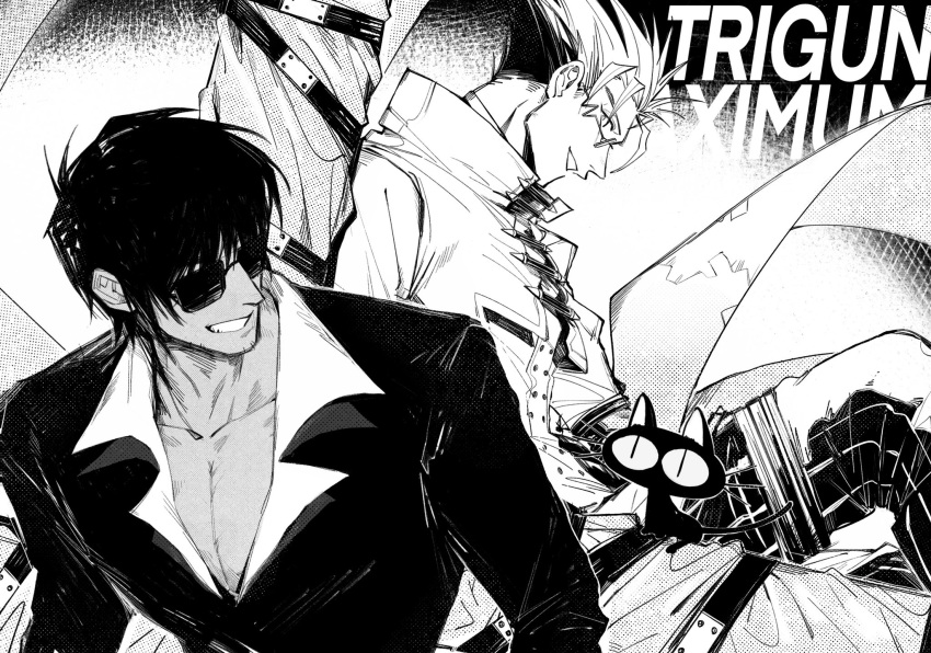 2boys animal cat coat collared_shirt copyright_name cowboy_shot gannnmoo glasses greyscale grin highres jacket kuroneko_(trigun) long_sleeves male_focus monochrome multiple_boys nicholas_d._wolfwood pants pectoral_cleavage pectorals profile round_eyewear shirt short_hair smile sunglasses trigun trigun_maximum upper_body vash_the_stampede