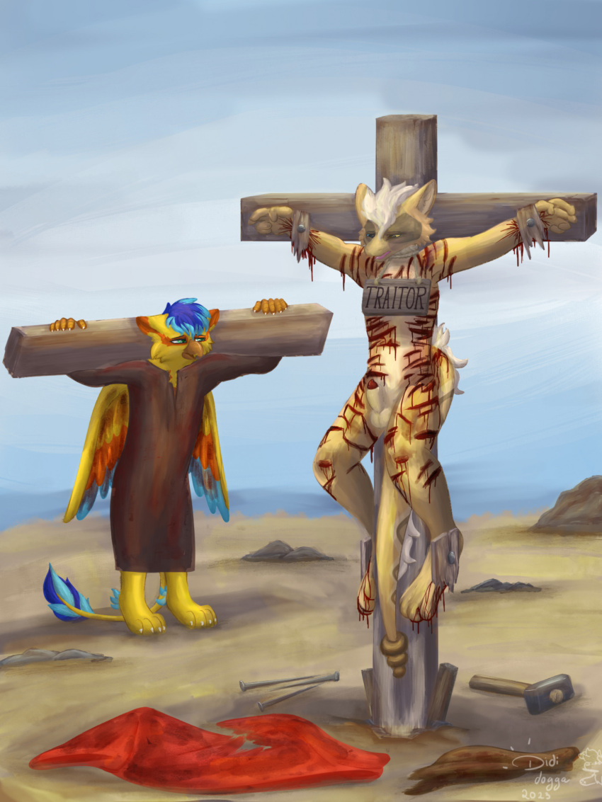 agonizing agony animal_genitalia anthro arm_torture avian bethesda_softworks blood bodily_fluids clothed clothing clothing_aside clothing_on_ground cross crucifixion didi_o3o_22 duo english_text execution fallout forced forced_exposure fully_sheathed genitals gore gryphon hammer hanging_by_arms hanging_by_feet hanging_by_wrists hi_res holding_object humiliation imminent_stripping leg_torture looking_down male miserable misery mythological_avian mythology nail_(weapon) nailed nails night_stalker_(fallout) nude nude_anthro nude_male pain public public_exposure public_humiliation public_nudity resigned_to_fate sad severus_the_roman_nightstalker sheath sign text tools torture torture_device unwanted_exposure wearing_sign whip_mark wounded