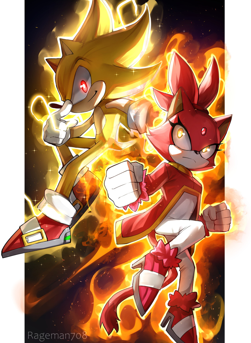 1boy 1girl absurdres animal_ears blaze_the_cat burning_blaze cat_ears cat_girl cat_tail fire forehead_jewel gloves glowing glowing_eyes high_heels highres jacket pants pink_footwear pink_fur rageman709 red_eyes red_footwear red_jacket smile sonic_(series) sonic_rush sonic_rush_adventure sonic_the_hedgehog super_sonic tail white_gloves white_pants yellow_eyes yellow_fur