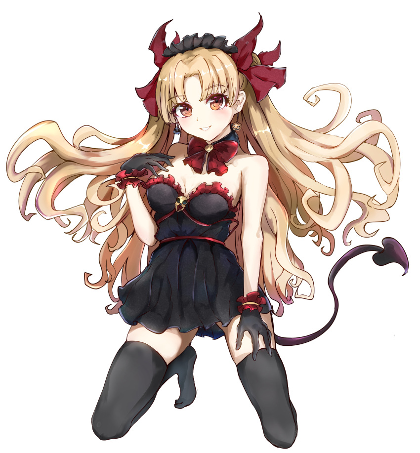 1girl alternate_costume alternate_eye_color black_dress black_gloves black_headdress blonde_hair bow bowtie demon_tail dress earrings ereshkigal_(fate) fate/grand_order fate_(series) food-themed_earrings gloves hair_ribbon highres jack-o'-lantern jewelry long_hair maid_headdress orange_eyes pumpkin pumpkin_earrings red_bow red_bowtie red_ribbon ribbon sasai_tuki simple_background skull skull_earrings solo strapless strapless_dress tail thighhighs very_long_hair white_background