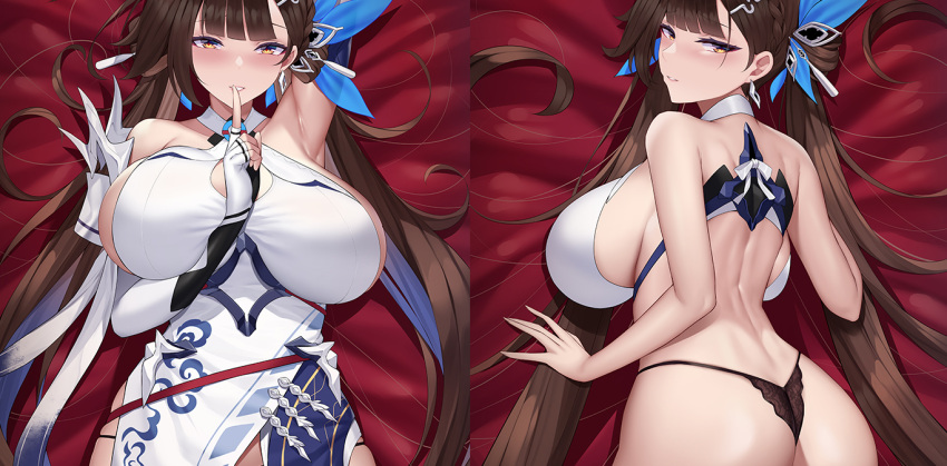 armpits ass back bare_shoulders black_panties breasts brown_hair criss-cross_halter dakimakura_(medium) dress elbow_gloves feng_mouren finger_to_mouth fingerless_gloves gloves hair_ornament hairclip halterneck honkai_(series) honkai_impact_3rd large_breasts li_sushang long_hair lying on_back on_stomach panties panty_straps red_sheet shushing sideboob two-tone_gloves underwear very_long_hair white_dress yellow_eyes