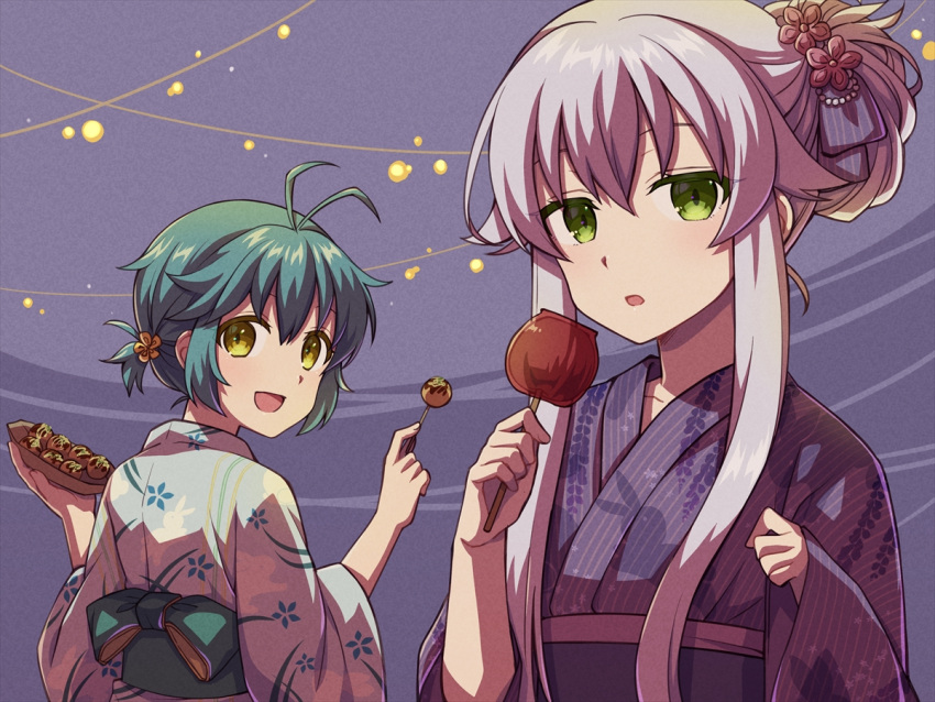 2girls ahoge altina_orion bob_cut candy_apple chihiro_(chihiro3399) double-parted_bangs eiyuu_densetsu food green_eyes green_hair hair_between_eyes hair_bun holding holding_food japanese_clothes kimono looking_at_viewer millium_orion multiple_girls night night_sky outdoors ponytail sen_no_kiseki short_ponytail sidelocks sky smile takoyaki white_hair yellow_eyes