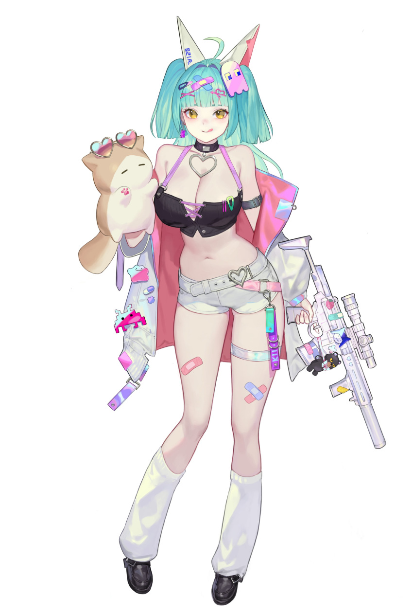 1girl :p absurdres ahoge animal_ears aqua_hair arm_strap assault_rifle bandaid bandaid_on_head bandaid_on_leg belt black_choker black_footwear black_tank_top blunt_bangs breasts cat_ears choker cleavage ditto fake_animal_ears full_body gun hair_ornament hairclip heart heart-shaped_eyewear heart_belt heart_choker highres holding holding_gun holding_weapon jacket large_breasts long_hair looking_at_viewer navel off_shoulder original pac-man_(game) pokemon rifle short_shorts shorts sidelocks space_invaders standing sticker stuffed_animal stuffed_toy tank_top thigh_strap tongue tongue_out twintails weapon white_belt white_jacket white_leg_warmers white_shorts yellow_eyes