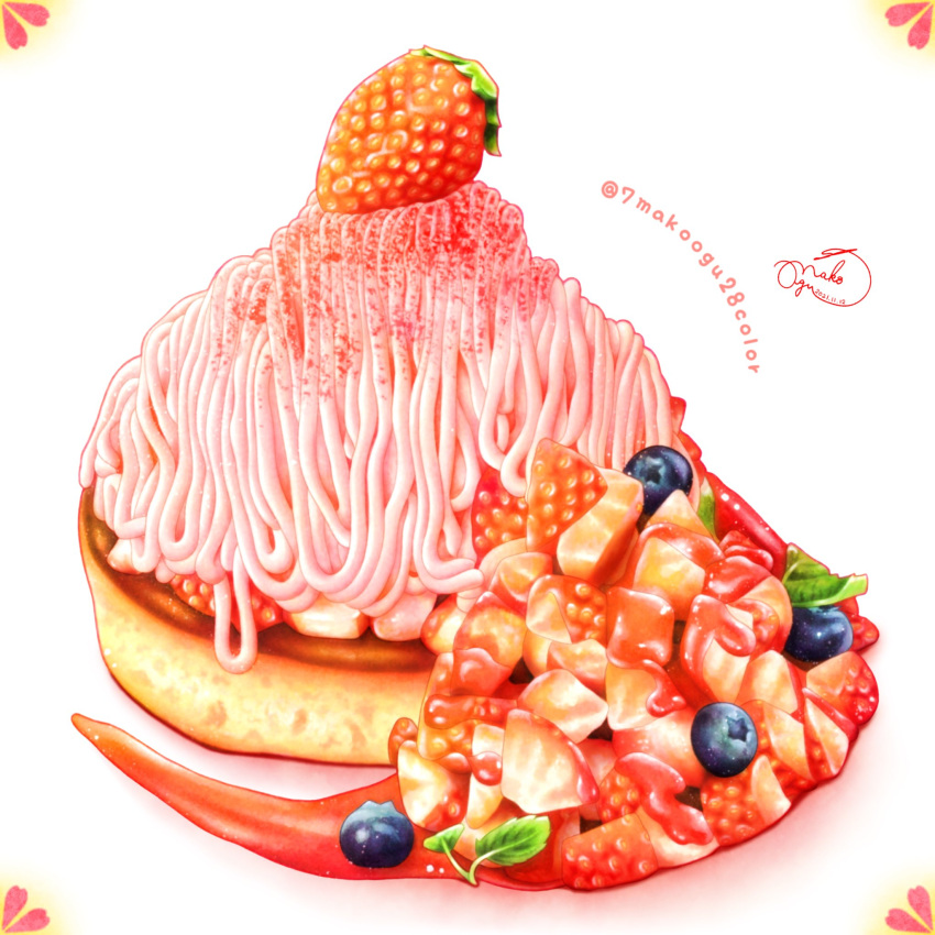 7makoogu28color artist_name blueberry cake color_ink_(medium) food fruit highres mint mont_blanc_(food) original painting_(medium) pancake simple_background strawberry sweets traditional_media watercolor_(medium)