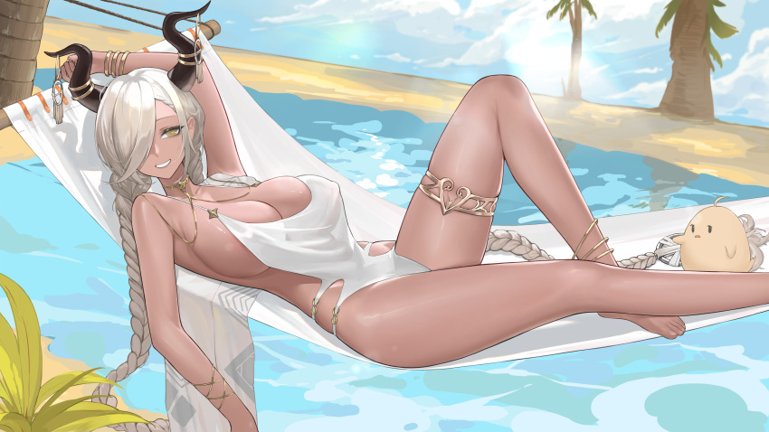 absurdres anklet azur_lane backless_swimsuit beach bracelet braid breasts brown_eyes dark-skinned_female dark_skin grey_hair hair_over_one_eye hammock highres horn_ornament horns jewelry large_breasts long_hair low_twin_braids manjuu_(azur_lane) one-piece_swimsuit outdoors owari_(azur_lane) palm_tree sideboob smile swimsuit thighlet tree twin_braids user_vzzn2855 white_one-piece_swimsuit