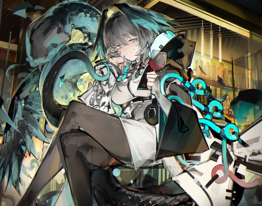 1girl absurdres aqua_eyes aqua_nails aqua_wings arknights bar_(place) between_breasts black_pantyhose blush bottle breasts ceiling_light coat crossed_legs cup dress drinking_glass feathered_wings fingerless_gloves fingernails full_body glass glass_table gloves grey_hair hair_between_eyes hand_on_own_chin head_wings highres ho'olheyak_(arknights) holding holding_cup indoors jumbowhopper large_breasts lights long_coat long_sleeves looking_at_viewer open_clothes open_coat pantyhose red_wine sharp_fingernails short_hair sidelocks sitting smirk snake snake_tail solo strap_between_breasts table tail white_dress white_gloves wine_bottle wine_glass wings