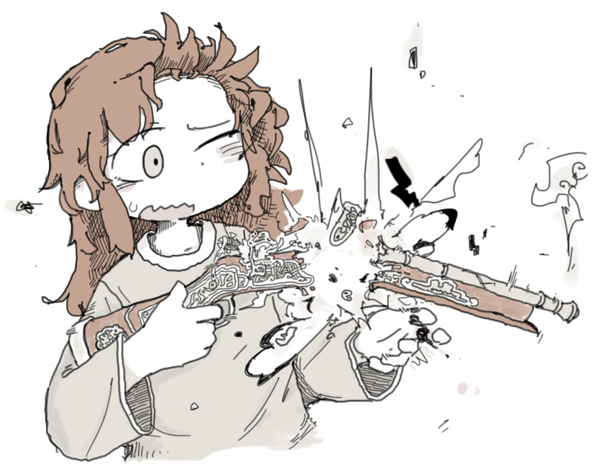 1girl accident antique_firearm blush brown_hair cropped_torso crosshatching explosion firelock flintlock furrowed_brow grey_eyes grey_shirt gun hatching_(texture) holding holding_gun holding_weapon injury long_hair long_sleeves one_eye_closed open_mouth original severed_finger shirt simple_background smoke solo squiggle surprised sweatdrop torosakana wavy_mouth weapon