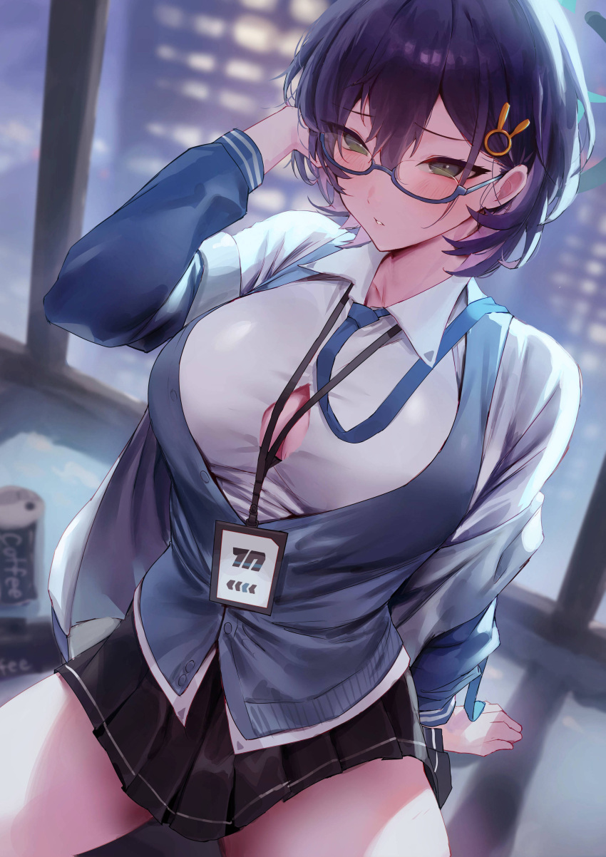 1girl :o absurdres arm_support black_bra black_skirt blue-framed_eyewear blue_archive blue_cardigan blue_hair blue_necktie blue_vest blurry blurry_background blush bra bra_peek breasts button_gap cardigan chihiro_(blue_archive) dated_commentary glasses hair_ornament halo hand_in_own_hair highres indoors lanyard large_breasts long_sleeves looking_at_viewer necktie pleated_skirt rororo school_uniform semi-rimless_eyewear shirt short_hair sitting skirt solo under-rim_eyewear underwear vest white_background white_shirt