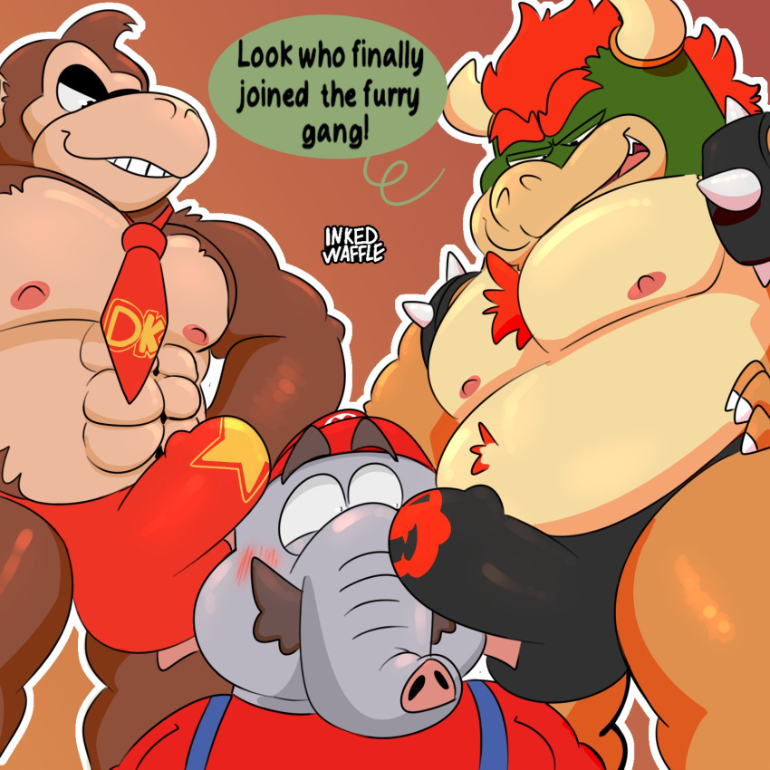 1:1 anthro ape barazoku bowser chest_tuft clothing donkey_kong_(character) donkey_kong_(series) elephant elephant_mario elephantid erection genitals group haplorhine hi_res inked-waffle koopa male male/male mammal mario mario_bros necktie nintendo penis primate proboscidean scalie super_mario_bros_wonder tenting thong trio tuft underwear