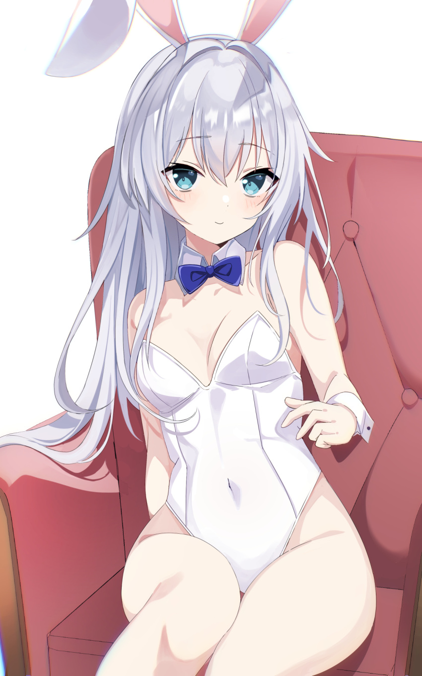1girl animal_ears bad_anatomy blue_eyes blush chair closed_mouth covered_navel detached_collar fake_animal_ears fathom grey_hair hair_between_eyes hibiki_(kancolle) highres kantai_collection leotard long_hair rabbit_ears simple_background sitting smile solo strapless strapless_leotard white_background white_leotard wrist_cuffs