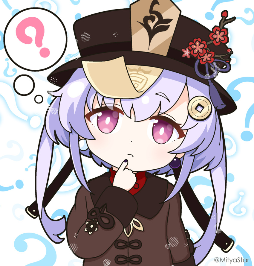 1girl ? black_headwear black_nails brown_jacket commentary_request cosplay flower genshin_impact hair_between_eyes hair_ornament hand_up head_tilt hu_tao_(genshin_impact) hu_tao_(genshin_impact)_(cosplay) jacket long_hair long_sleeves mitya nail_polish ofuda purple_eyes purple_hair qiqi_(genshin_impact) red_flower red_shirt shirt short_eyebrows solo spoken_question_mark thick_eyebrows twitter_username upper_body white_background