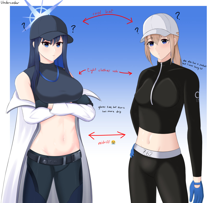 2girls ? absurdres arrow_(symbol) bare_shoulders baseball_cap black_gloves black_headwear black_pants black_shirt blonde_hair blue_archive blue_background blue_eyes blue_gloves blue_hair breasts coat commentary_request cowboy_shot crop_top girls'_frontline gloves gradient_background hat highres large_breasts leggings long_hair long_sleeves looking_at_viewer midriff multiple_girls navel off_shoulder open_clothes open_coat pants saori_(blue_archive) scar-h_(girls'_frontline) shirt sleeveless sleeveless_shirt standing stomach thighs undercoder white_background white_coat white_headwear