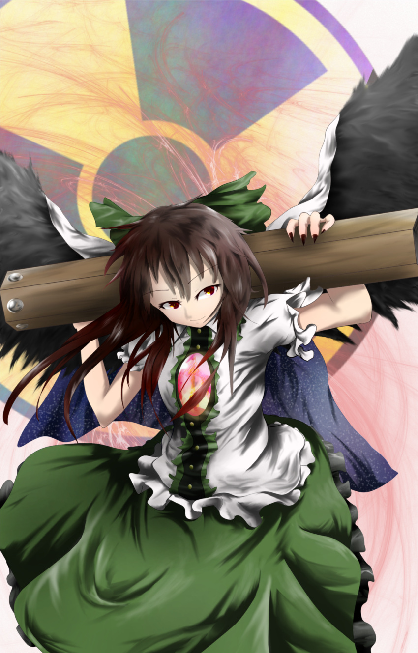1girl arm_cannon black_wings bow breasts brown_hair buttons cape center_frills charnoe closed_mouth collared_shirt cowboy_shot feathered_wings fingernails frilled_shirt frilled_shirt_collar frilled_skirt frilled_sleeves frills gimp_(medium) green_bow green_skirt hair_bow highres large_breasts long_hair nail_polish over_shoulder puffy_short_sleeves puffy_sleeves radiation_symbol red_eyes red_nails reiuji_utsuho sharp_fingernails shirt short_sleeves skirt solo third_eye_on_chest touhou weapon weapon_over_shoulder white_cape white_shirt wings