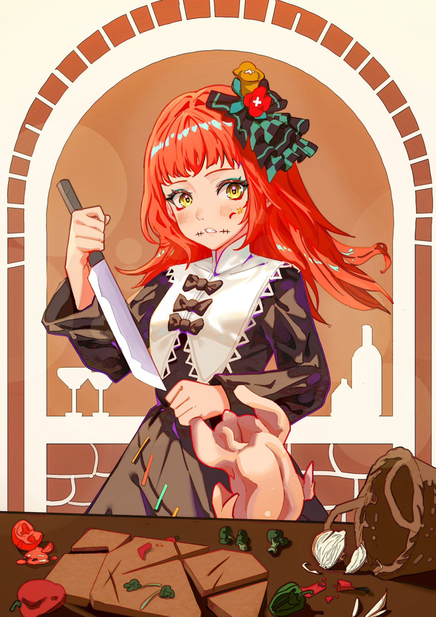 1girl basket black_bow black_dress bottle bow broccoli chicken_(food) chili_pepper cup cutting_board dress drinking_glass eyeliner eyeshadow facial_mark fire_emblem fire_emblem_engage food gbbgb321 highres holding holding_knife knife long_hair makeup onion orange_hair panette_(fire_emblem) short_bangs stitched_mouth stitches tomato wine_bottle wine_glass yellow_eyes