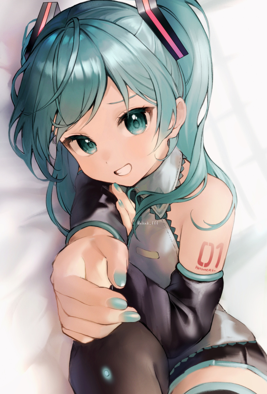 1girl absurdres aqua_eyes aqua_hair aqua_nails bare_shoulders bed_sheet black_skirt black_sleeves black_thighhighs collared_shirt commentary_request detached_sleeves grey_shirt grin hair_ornament hatsune_miku highres indoors long_hair looking_at_viewer lying number_tattoo on_side shirt shoulder_tattoo skirt sleeveless sleeveless_shirt smile solo sunlight swept_bangs tananuki tattoo teeth thighhighs twintails twitter_username vocaloid window zettai_ryouiki