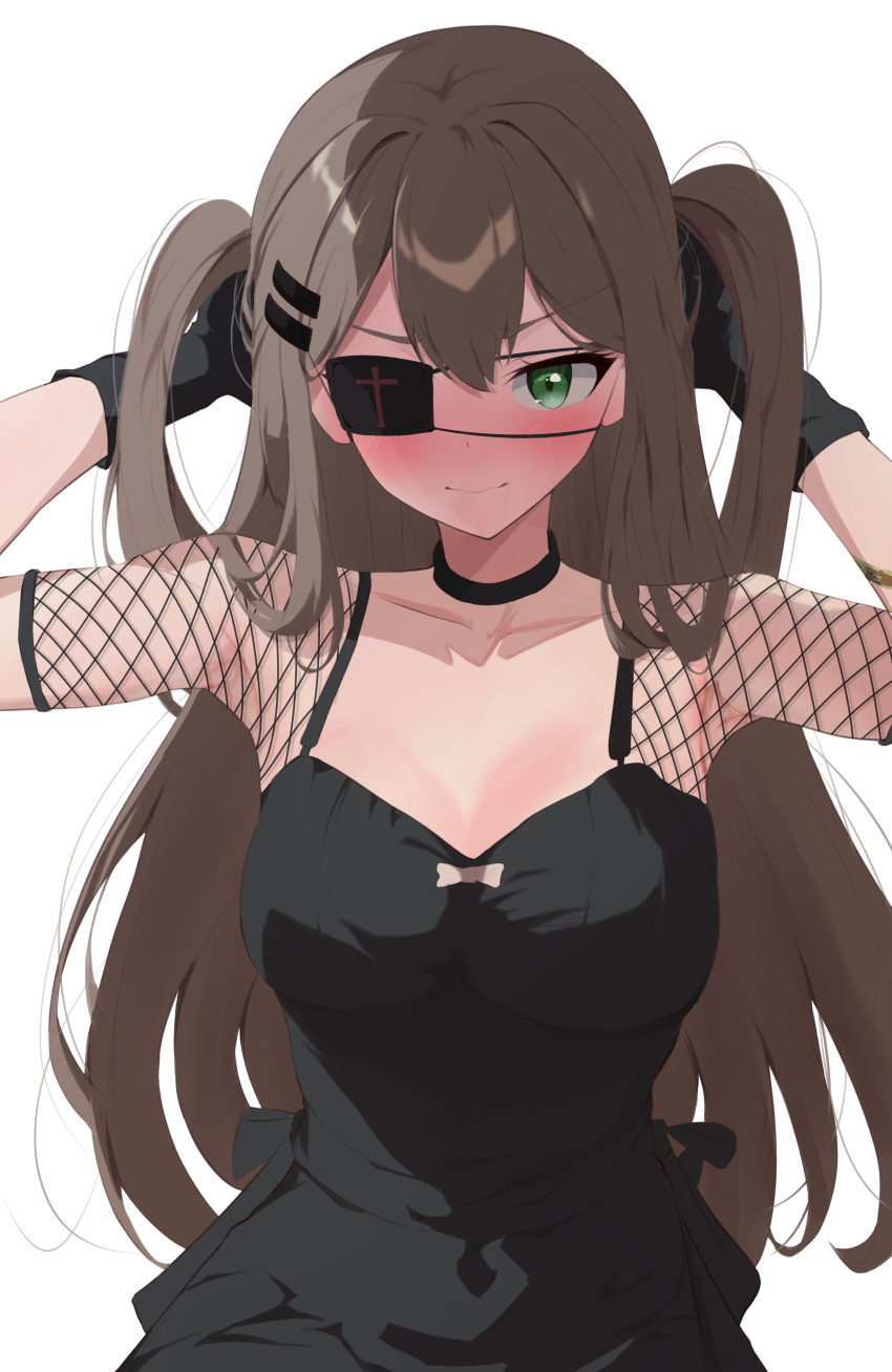 1girl absurdres arms_up black_choker black_dress black_gloves blush breasts brown_hair choker closed_mouth collarbone commentary_request dress eyepatch fishnet_sleeves gloves green_eyes highres korean_commentary large_breasts long_hair looking_at_viewer nvem8738 one_eye_covered simple_background solo twintails v-shaped_eyebrows viichan virtual_youtuber waktaverse white_background