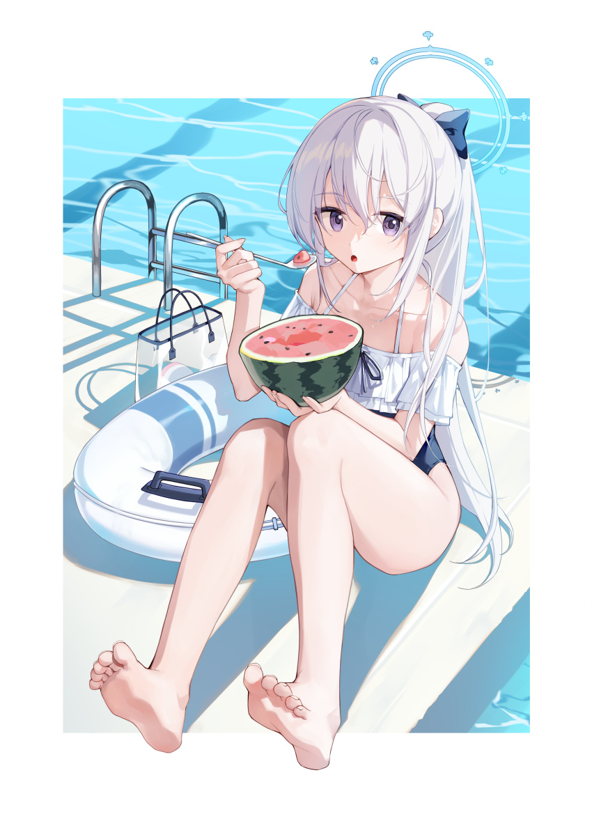 1girl absurdres barefoot blue_archive blue_bow blue_halo blue_one-piece_swimsuit bow collarbone commentary food frilled_one-piece_swimsuit frills fruit hair_bow halo halterneck highres holding holding_food holding_fruit holding_spoon innertube knees_up long_hair looking_at_viewer miyako_(blue_archive) miyako_(swimsuit)_(blue_archive) off-shoulder_one-piece_swimsuit off_shoulder official_alternate_costume one-piece_swimsuit open_mouth ponytail pool purple_eyes ratto_(ratto_channel) shadow sitting solo spoon swimsuit transparent_bag two-tone_one-piece_swimsuit watermelon white_hair white_innertube