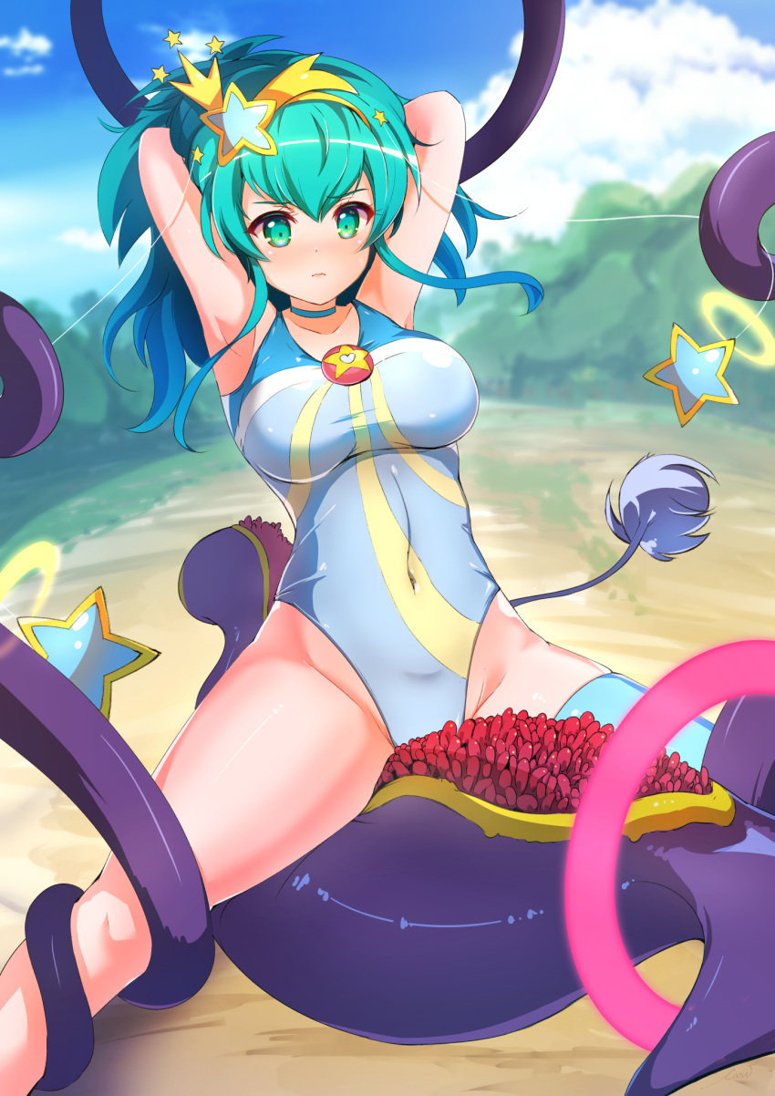 1girl armpits arms_behind_head blue_choker blue_eyes blue_hair blue_leotard blue_thighhighs blush breasts brooch choker closed_mouth collarbone covered_navel cure_milky defeat dot_nose eari forced_orgasm groin hagoromo_lala hair_ornament highres jewelry large_breasts leotard medium_hair outdoors precure restrained shiny_clothes shiny_skin single_thighhigh solo spread_legs star_(symbol) star_hair_ornament star_twinkle_precure tentacles thighhighs
